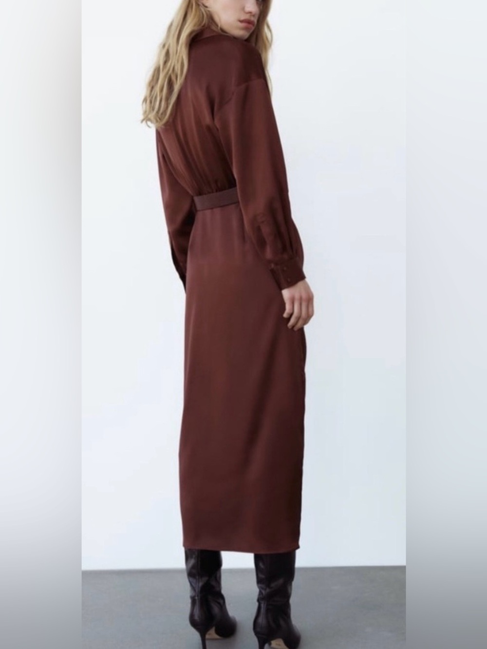NWT Zara Satin Wrap Midi Dress in Chocolate Brown - Picture 2 of 12